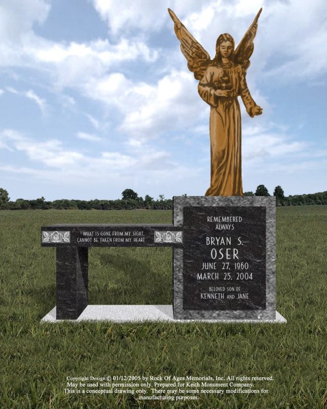 Oser Black Variegated Bench Memorial with Bronze Angel Statue