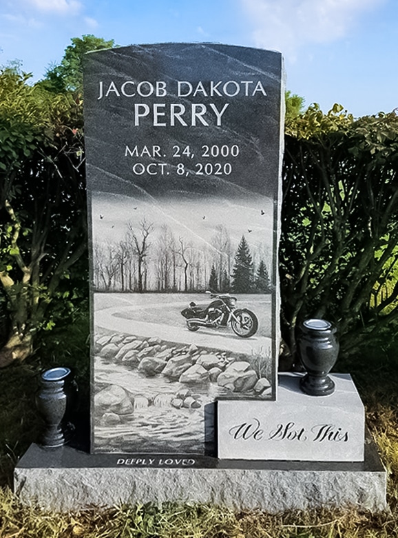 Perry Black Variegated Headstone with Motorcycle and Landscape Design