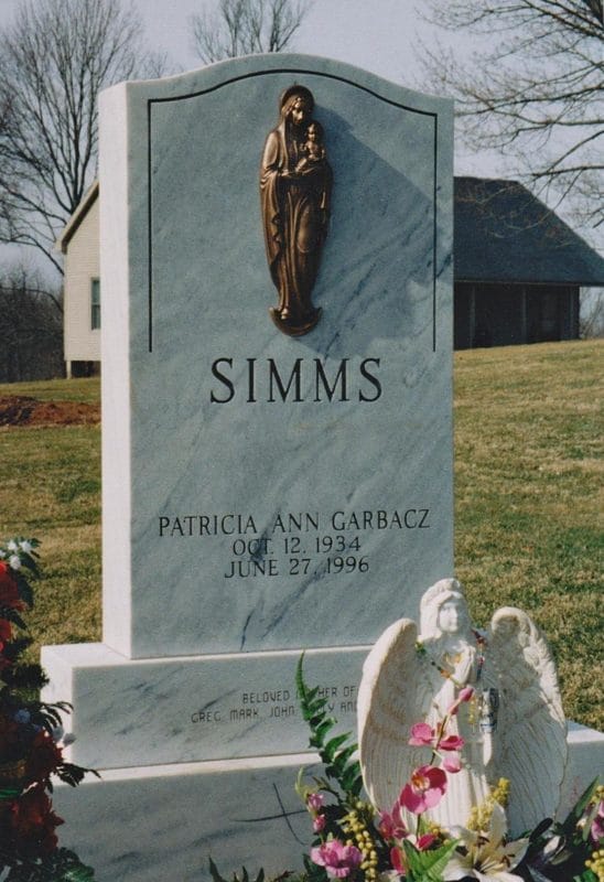 Bronze Blessed Mother and Child on Marble Headstone